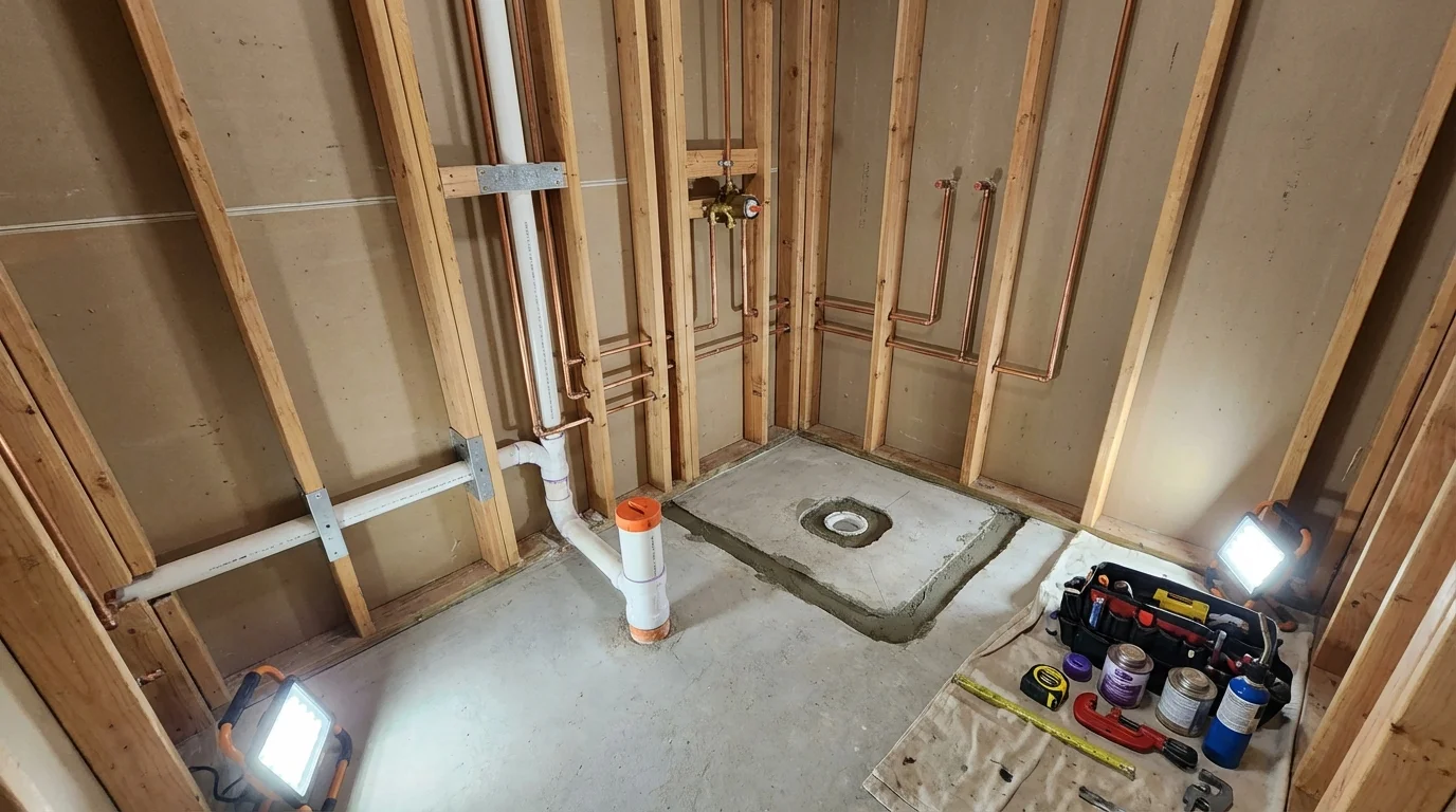 Bathroom rough-in plumbing during remodel by Johns Plumbing LLC in Perth Amboy