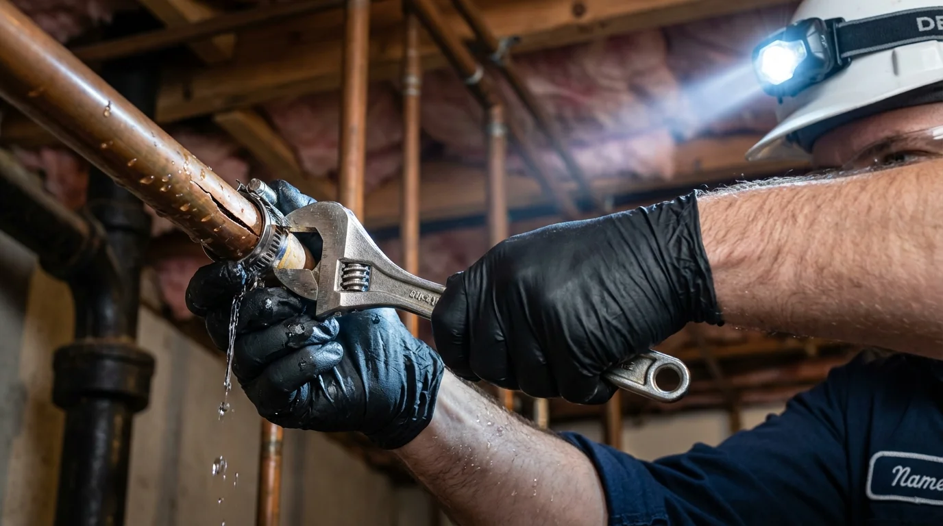 Emergency pipe clamp repair being performed by a Johns Plumbing LLC plumber in Perth Amboy