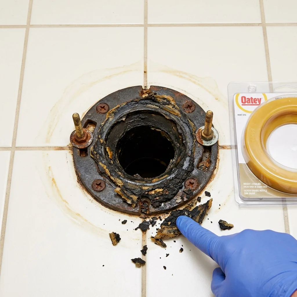 Failed wax ring showing water seepage at the base of a toilet in a Perth Amboy, NJ home