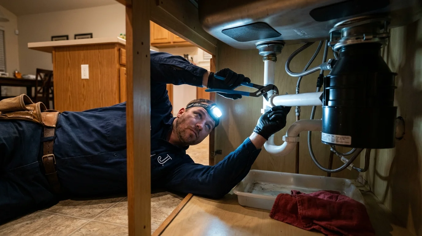P-trap and supply line connections under a kitchen sink showing a common leak point in Perth Amboy, NJ
